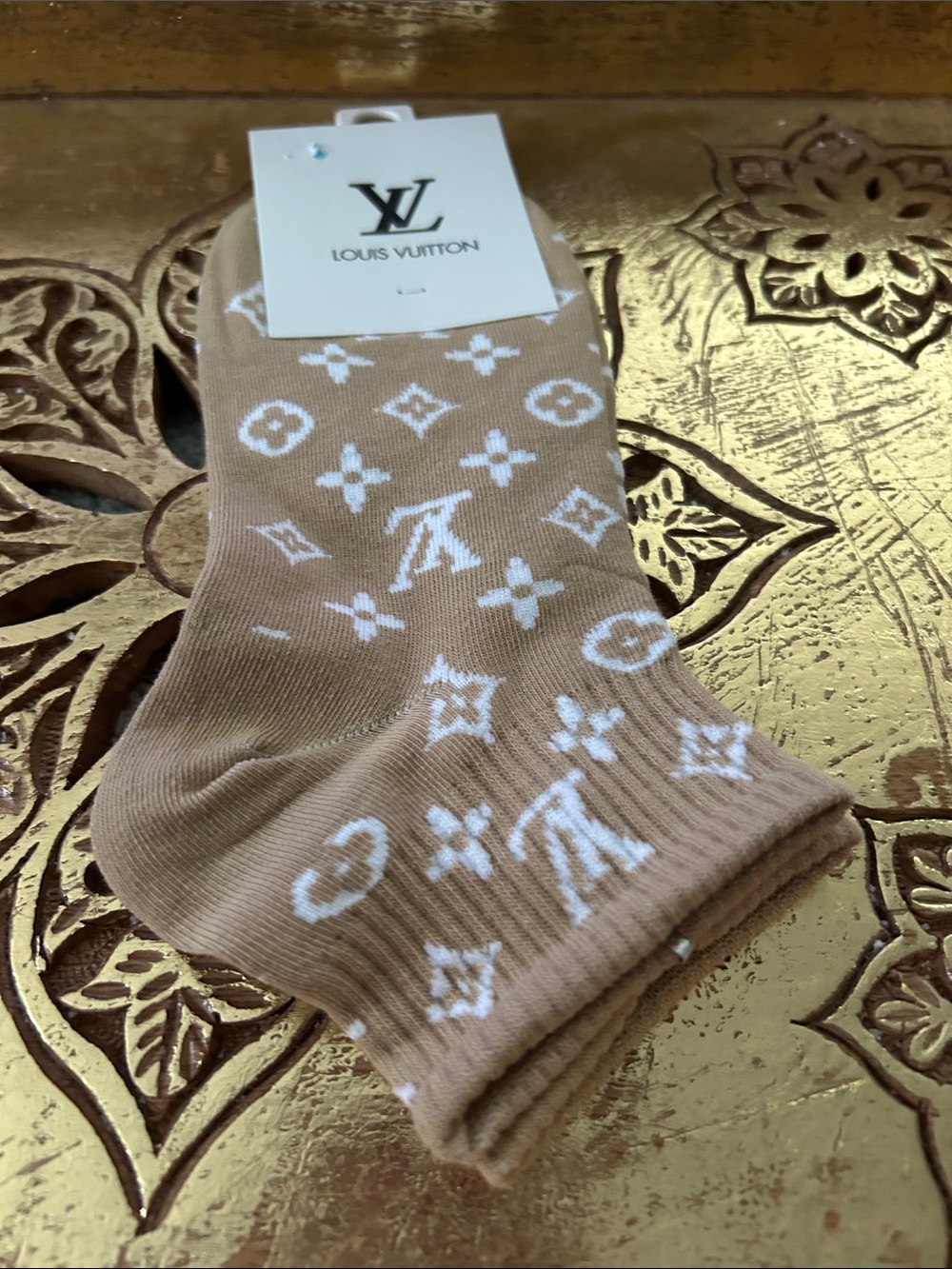 Louis Vuitton Beige Ankle Socks with White Monogram Last Pair